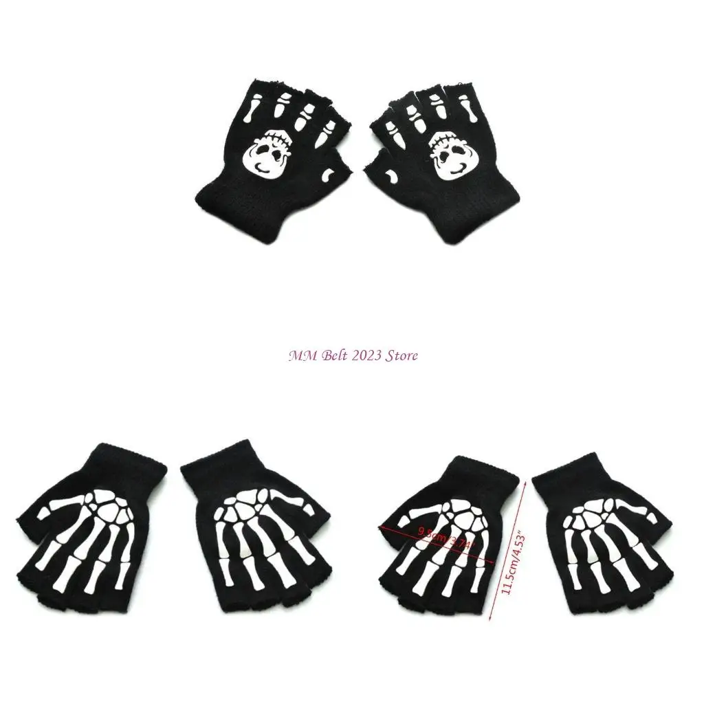 49ME Guantes punto cálidos para niños, manoplas con medio dedo y esqueleto Halloween que brillan en oscuridad
