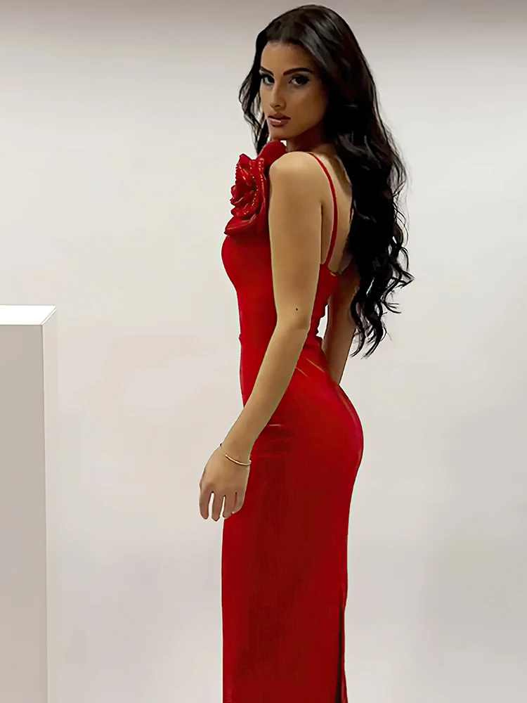 VC Sexy One Shoulder Diamond Flower Patchwork V Neck Backless Ankle Length Bodycon Long Dresses Evening Party Gown