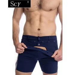 Men's Home Service Functional Button Flip Cover Adult Sexy Pants Men's Leggings Shorts