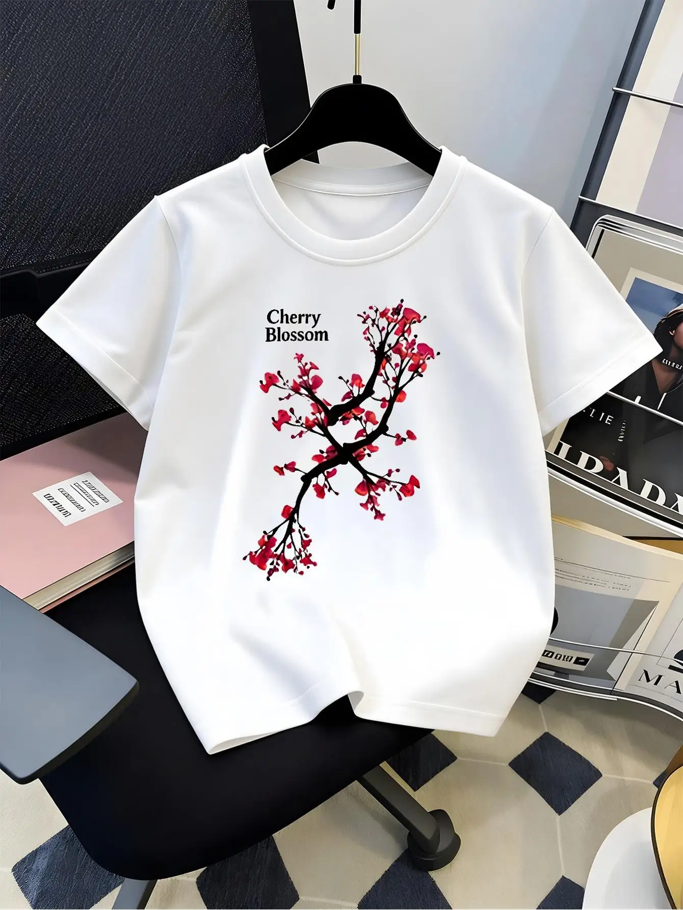 Elegant Red Cherry Blossom Branch Floral Minimalist Art Graphic Print Family Matching Short Sleeve Tee Boys Girls Kids Tops