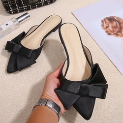 Flat pointy bow sandals with bun head slippers Silk after empty lady slippers