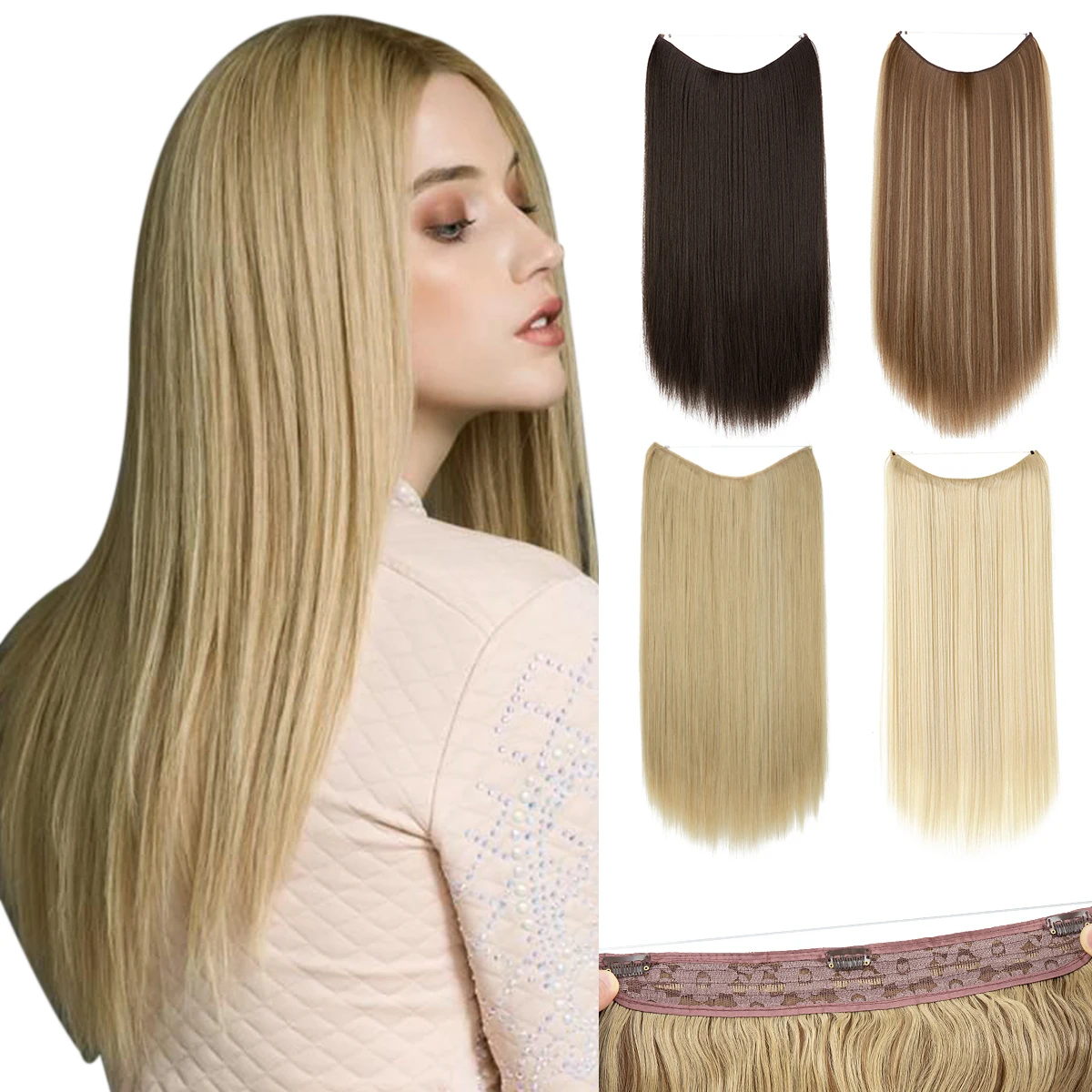 

Premium Heat Resistant Synthetic Invisible Wire Hair Extensions With Clips Hairpieces Long Natural Straight Fake Hair For Woman