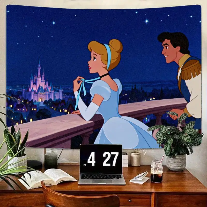

1PC Disney Cinderella Prince Charming Romantic Castle Night Tapestry Wall Art Bedroom Living Room Decor Gift for Disney Fans.