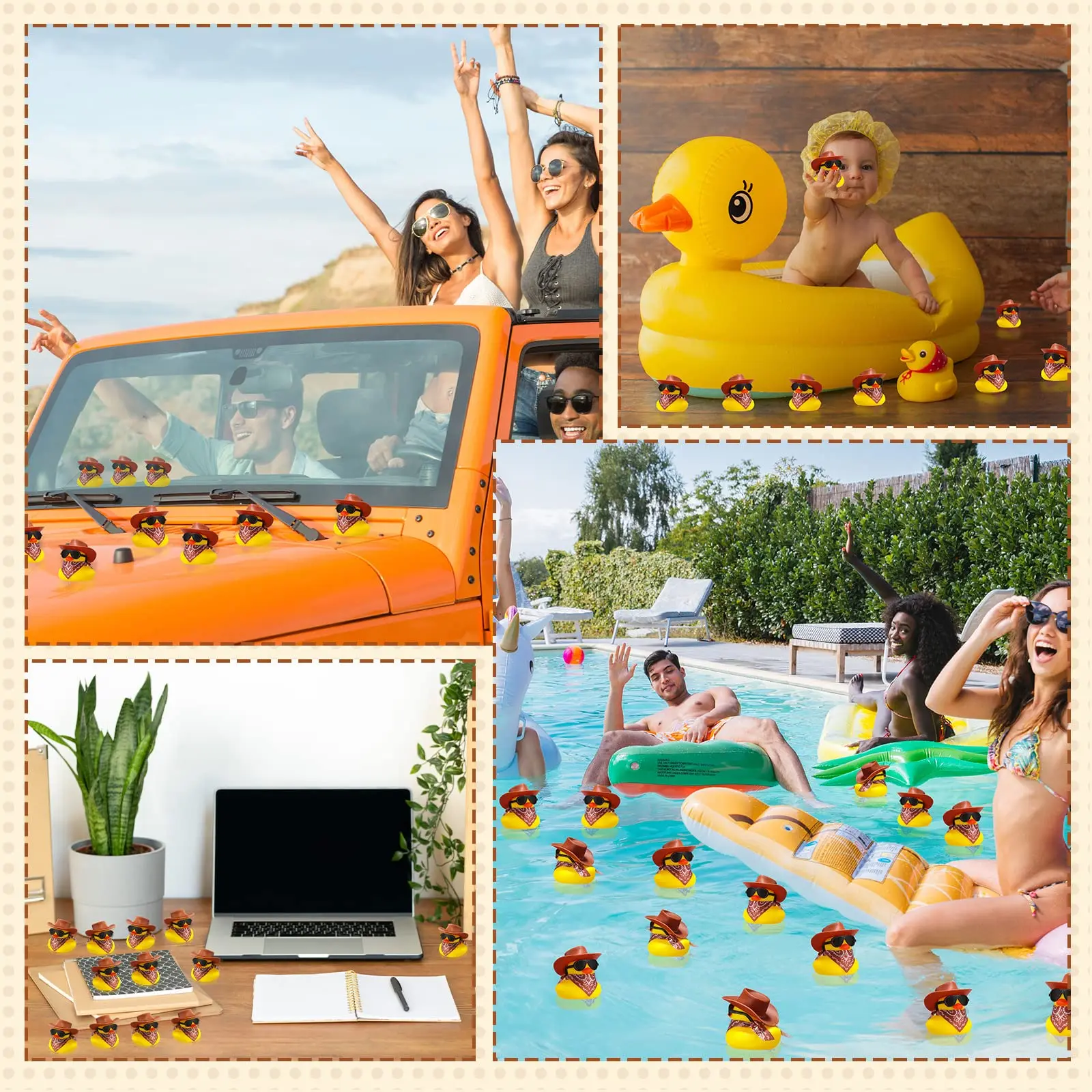 60 Set Cowboy Rubber Ducks with Scarf Hat and Sunglasses Mini Bath Duck Toys for Birthday Swimming Party Gift Favor Decorations