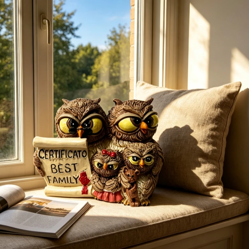Owl Family Resin Decorative Statue, Brown Handmade Figurine with 