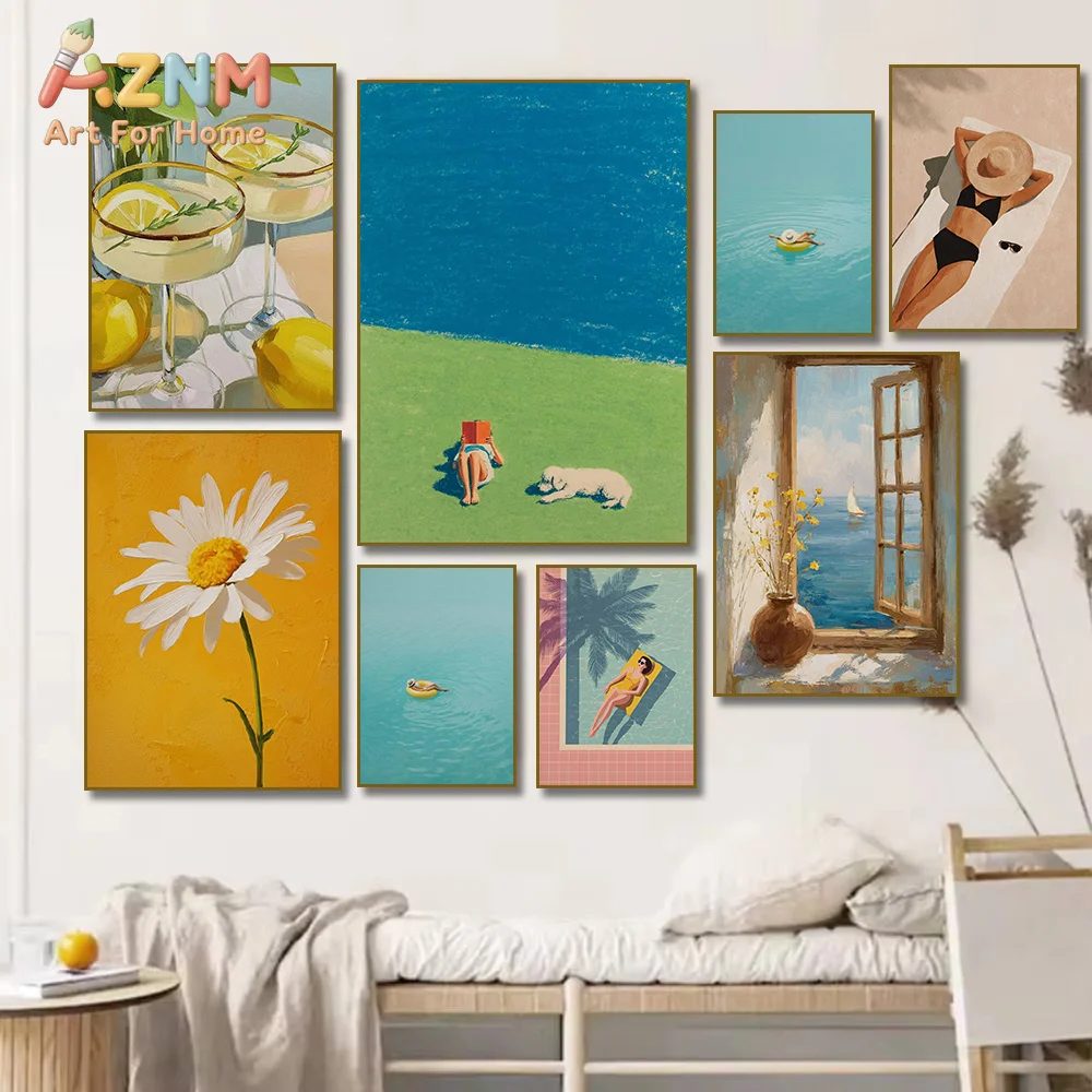 AZNM Summer Beach Vacation Canvas Wall Art, Colorful Daisy Cocktail Ocean Window Figure Painting Print, Bright Boho Living Room
