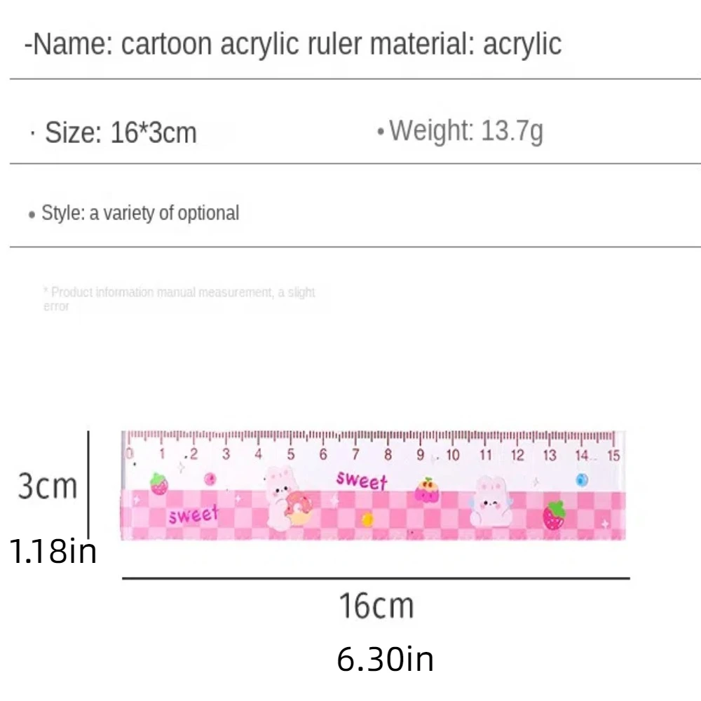 Regla de patrón de dibujos animados profesional, dibujo acrílico transparente, medición recta, Linda regla de matemáticas, 15cm