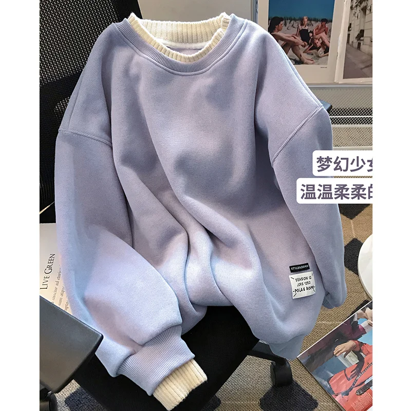 Women Beige Sweatshirt Solid Korean Fashion Y2K Style Vintage Leisure Baggy 2023 Winter Long Sleeves Purple Pullover Tops