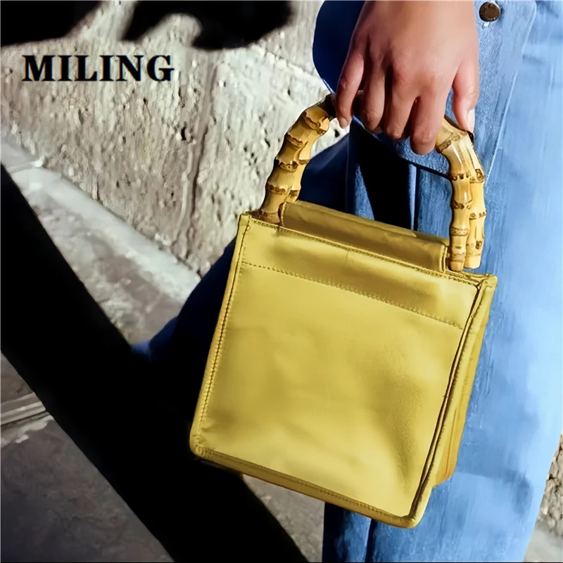 

Women Mini Silk Tote Bag Fashion Thick Bamboo Handle Handbag 2024 New Design Women's Messenger Bags