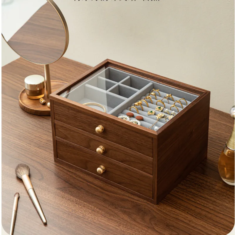 High-End Jewelry Organizer,Solid Wood,Multi-layer Storage Boxes,Partition Classification,Ring Holder, Velvet Lining, Makeup Case