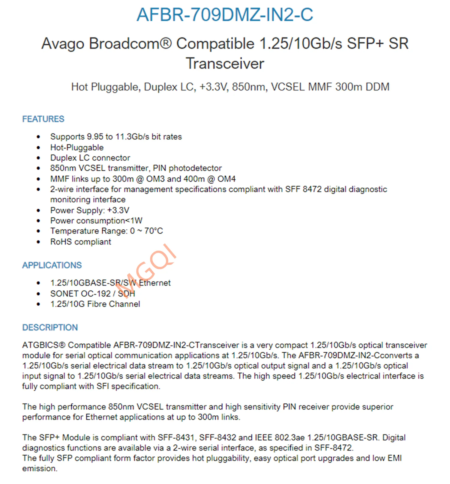 Adaptador de red de fibra de uso general, módulo de fibra SFP + 10G, AFBR-709DMZ-IN2/E10GSFPSR/X520 X710, 10g