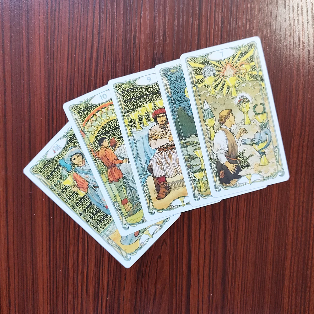 Large size sturdy deck Golden Art Nouveau Tarot Cards with Guide Book languages. English Spanish French Italian and Portuguese