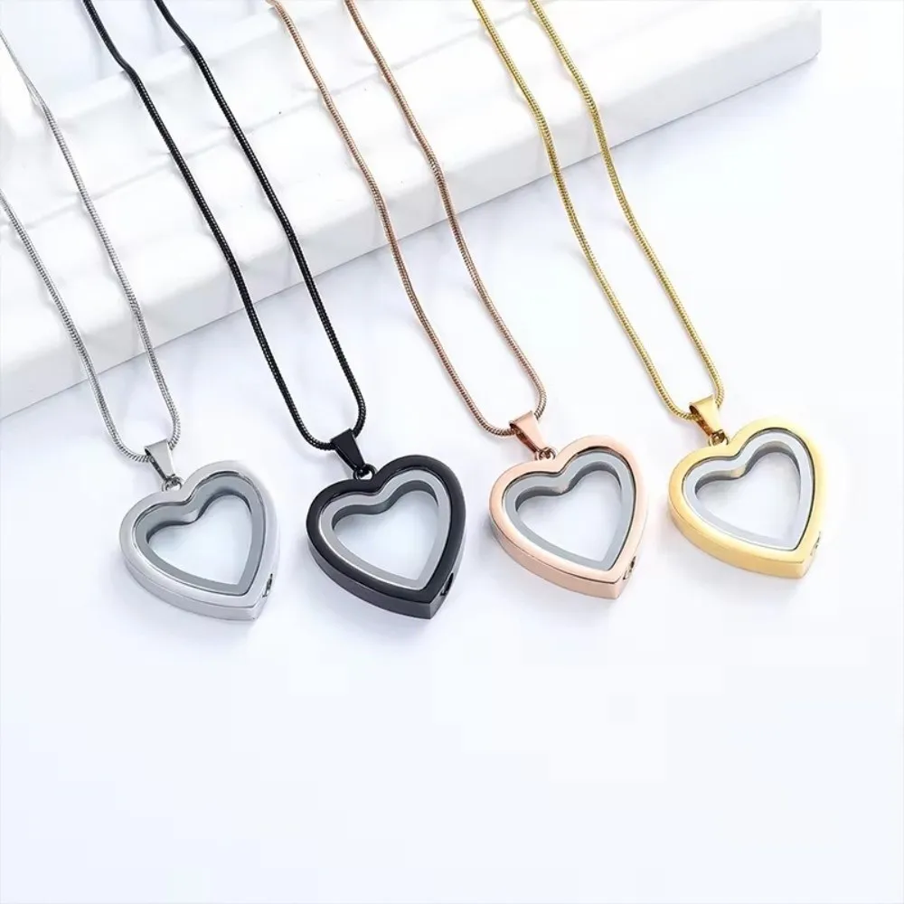 Creative Stainless Steel Pet Memorial Lockets Fill-able Love Heart Heart Pendant Sealed Dust-proof Pet Urn Necklace Pet Memorial