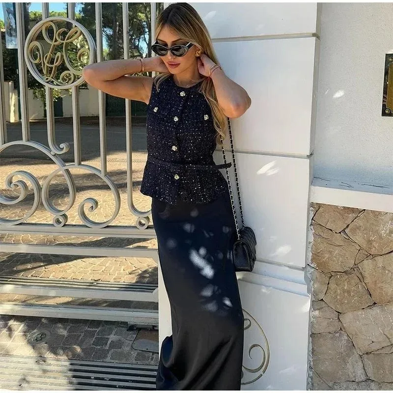 Women Elegant Chic O Neck Belt Sleeveless Texture Vest Top Button Pockets Decoration Soft Sequin Slim Waistcoat Casual Top Mujer