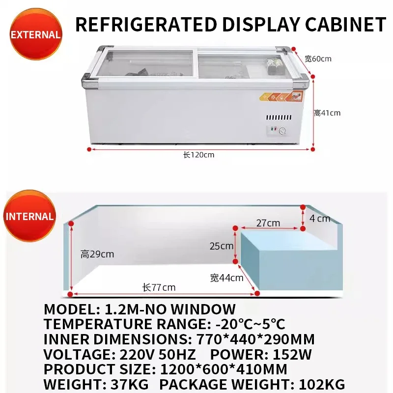 Lemari Display Berpendingin Meja 1M/1.2M, Freezer Kios Bergerak Penjaga Kesegaran dan Pembekuan, Tusuk Sate Goreng dan Display Barbekyu