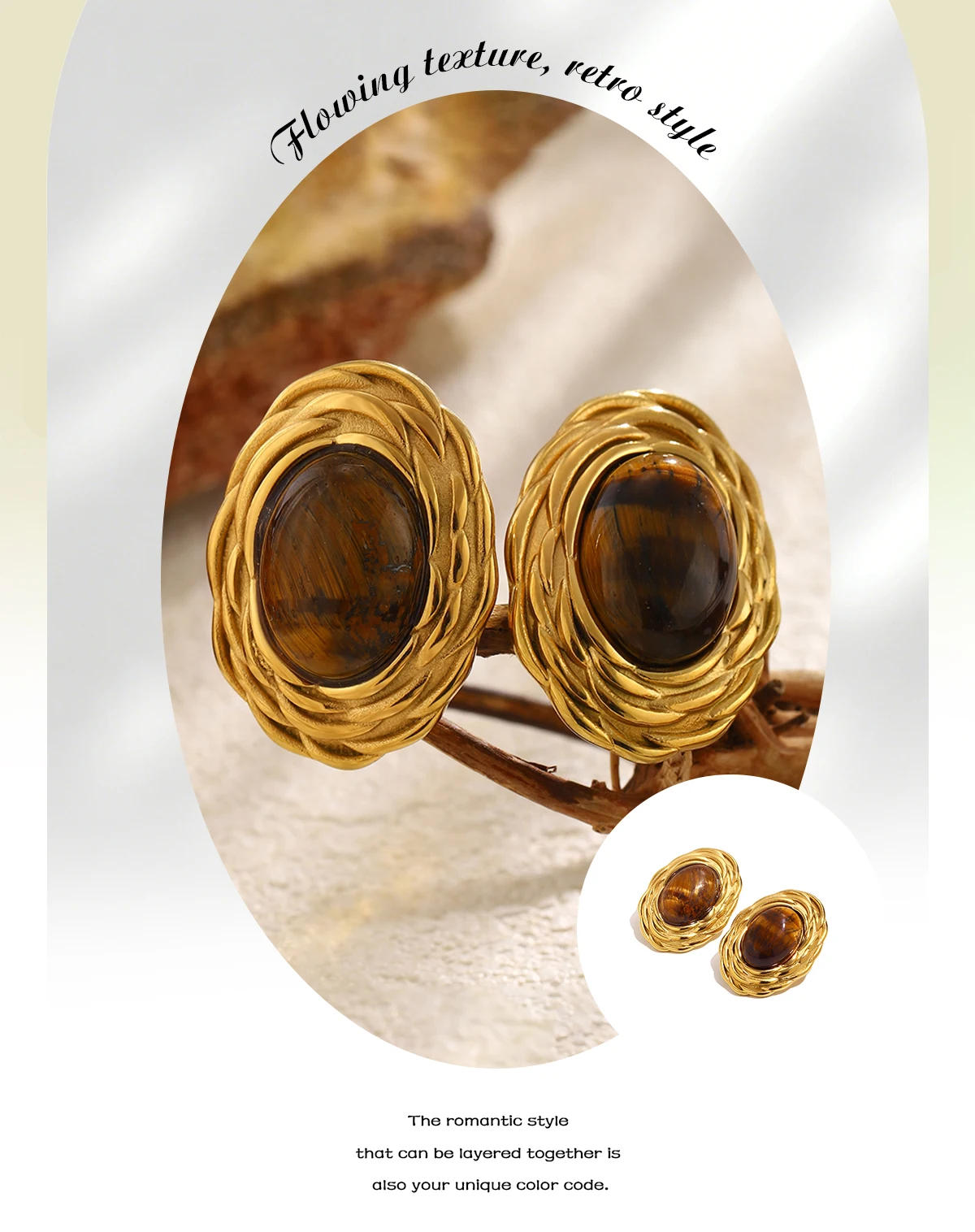 E.B.belle Retro Ovale Tigerauge Ohrstecker 18K Vergoldeter Edelstahl Ohrringe Luxus-Schmuck für Frauen Ohrring Geschenk – Detail 2