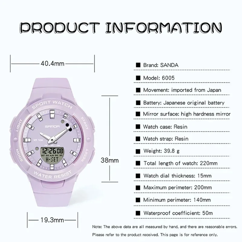 Sanda New 6005 Luxury Fashion Women Sport Watch Military Waterproof Multifunctional LED Digital Quartz Women Relogio Feminino