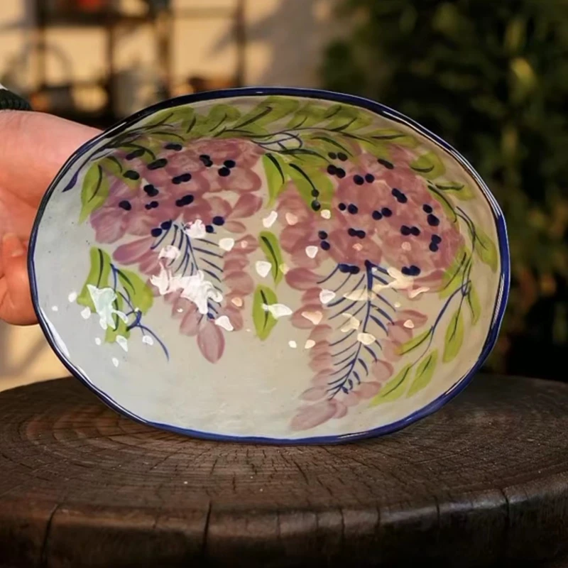 Wood-fired Quality High Temperature Underglaze Color Master Interior and Exterior Hand-painted Wisteria Fruit Tray/Bath Plate