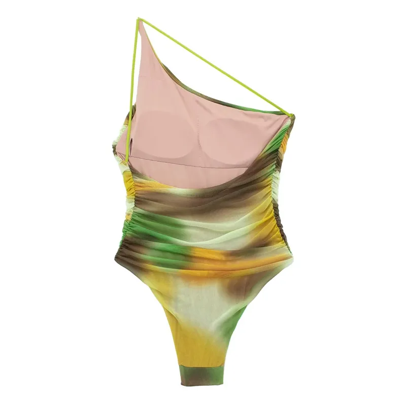 TRAF Print Tulle Sexy Body Woman Backless Mesh Bodysuit Women Ruched Asymmetric Tight Fitting Woman Summer Beach Swimwear