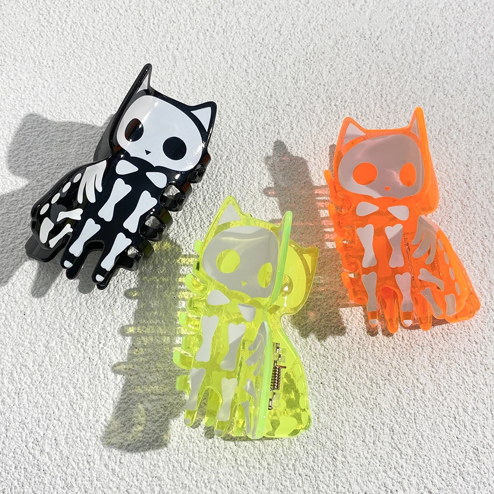 Funny Halloween Holiday Gifts Acrylic Fluorescence Color Skeleton Hair Clip Claw For Women Girls New Cat Shape Hair Accessories