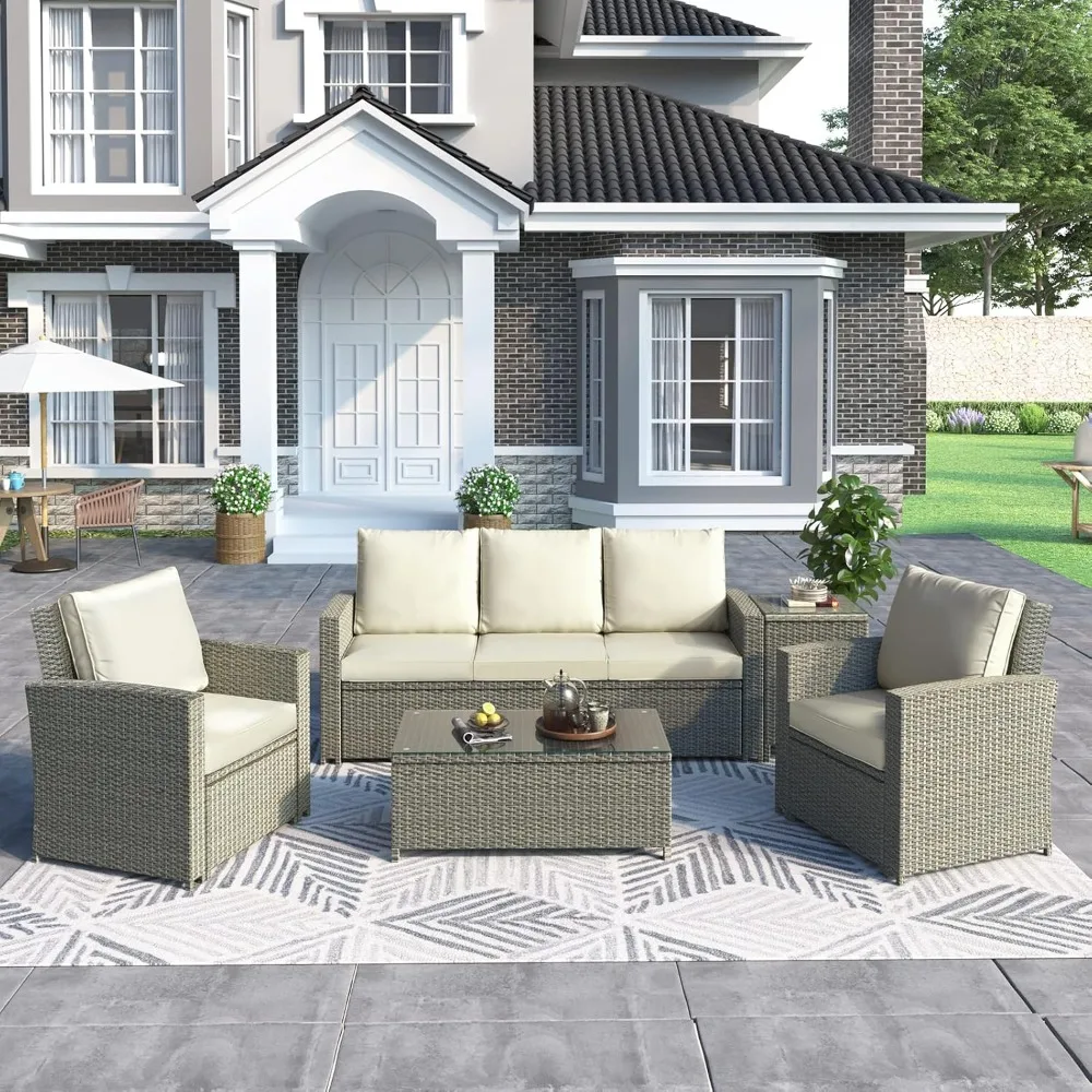 

5 Piece Rattan Terrace Sectional Sofa Set, Garden Rattan Sofa Set with Thick Cushions and Tempered Glass Coffee Table