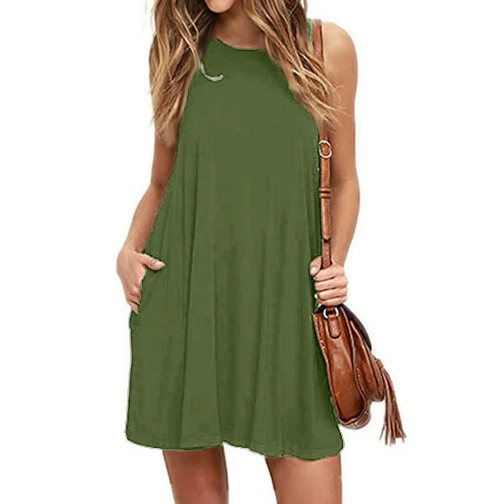 

Women's Casual Sleeveless Loose Beach Green Tank Solid Color Mini Dresses Dropshipping