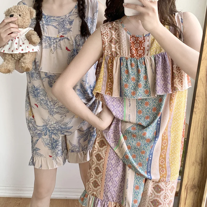 

Two-Piece Set Sexy Nightwear Women Anti-Bump Girl Cotton Silk Home Wear Small Flowers Fancy Underwear Bohemia Victoria Secret