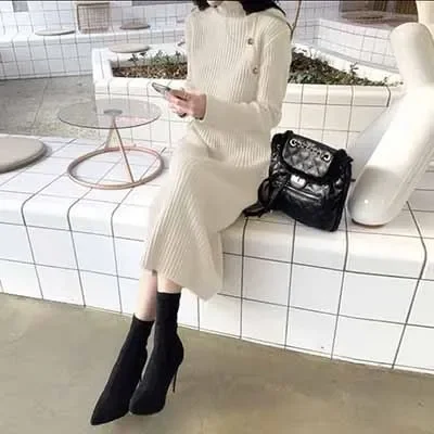 Long Cut High Neck Woolen Dress for Women in Autumn and Winter, Loose Knee Length Knitted Pullover Long Skirt