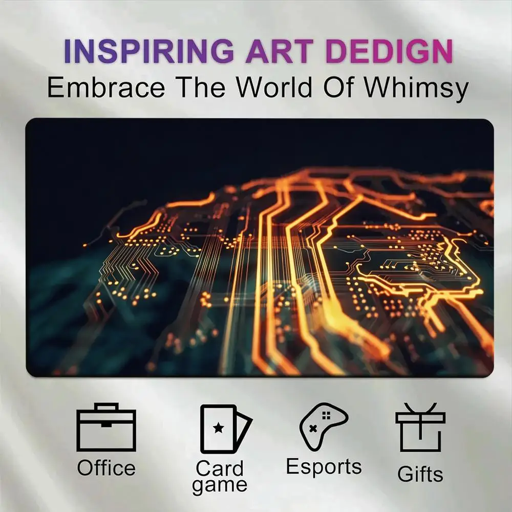 Large Glowing Circuit Board Gaming Mouse Pad Orange Neon Cyber Tech Non‑Slip Desk Mat for Esports Office Card Game Home Gift