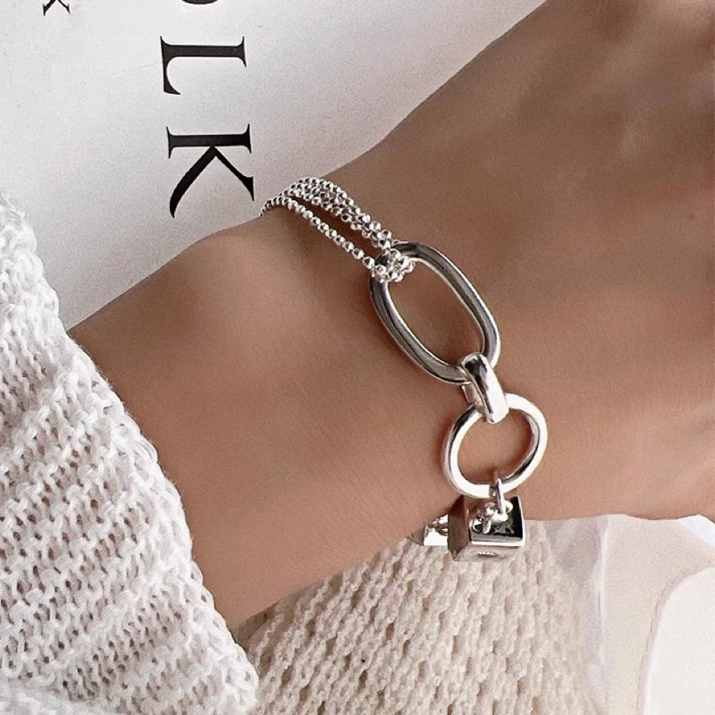 Foxanry Minimalist Asymmetric Chain Bracelet for Women Couples Fashion Creative Double-layered Geometry Handmade Party Jewelry