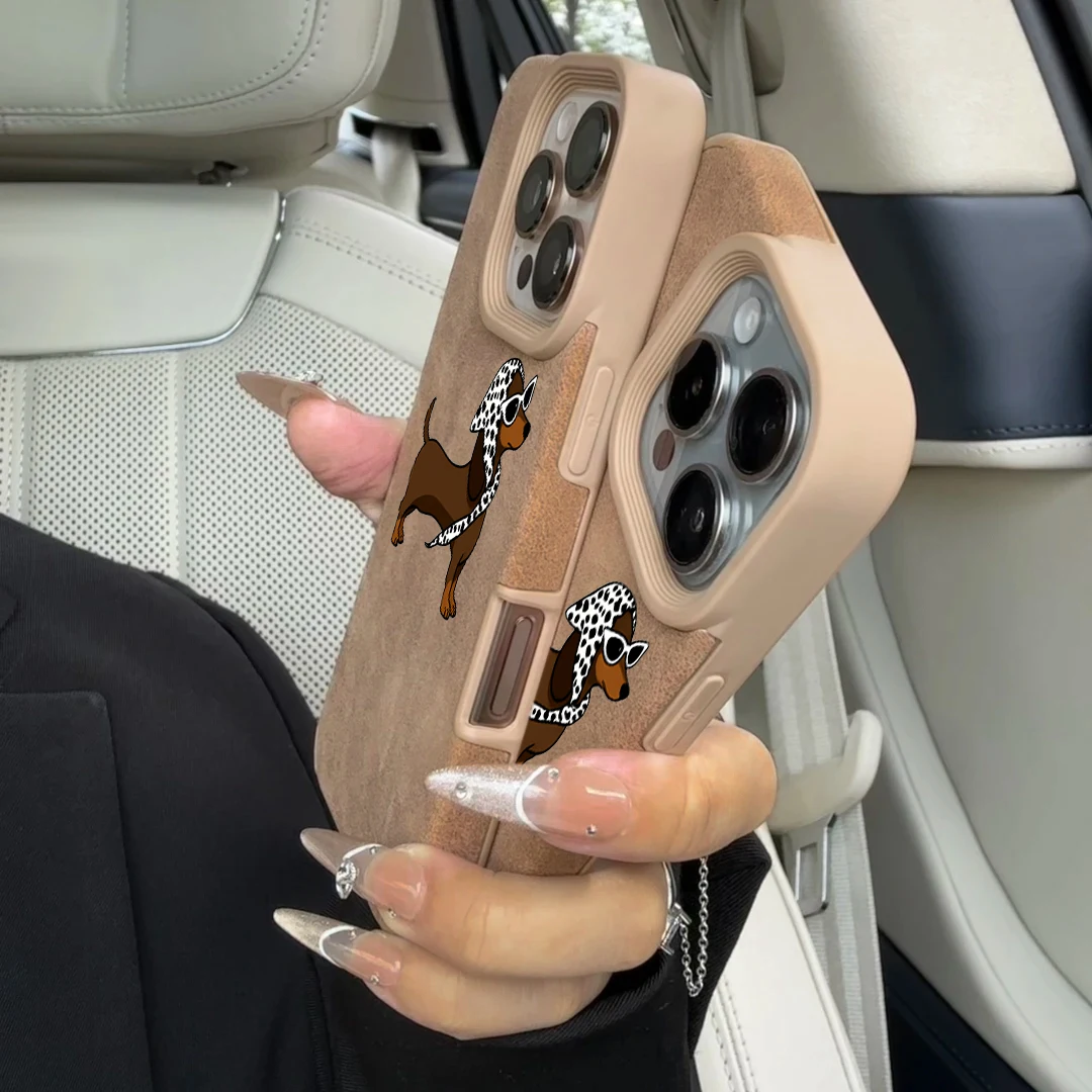 Luxuriöse Brillen-Cool-Puppy Executive Handyhülle aus Faserleder für iPhone 17 13 14 Pro 15 16 Pro Max 11 12 Plus, stoßfest – Detail 3