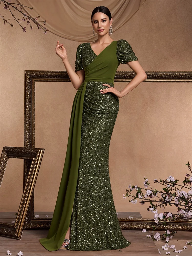 Lucyinlove Elegante scollo a V con giunture di paillettes Abito da sera da donna Maniche corte Sirena Formale di lusso Festa di nozze Prom Streamer Abito