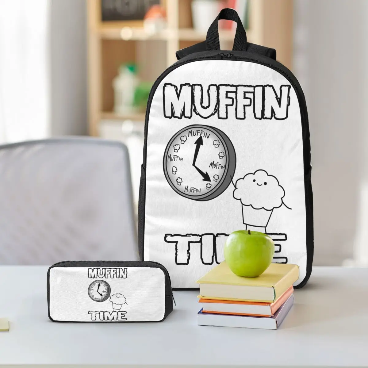 It Is Muffin Time (With Text) Backpack Boys Girls BookBag School Bag Shoulder Bags 3ps Insulated Lunch Bag Pencil Case