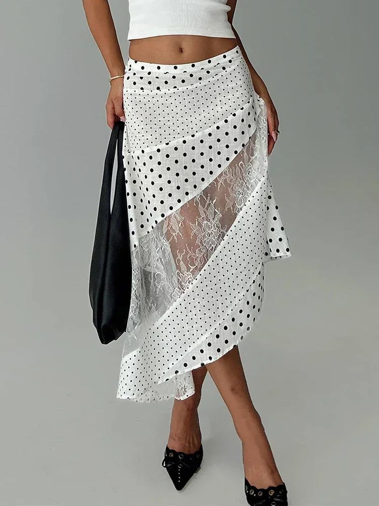 

Patchwork Polka Dot Sexy Skirt Women Summer New High Waist See Through A-line Skirts Female Elegant Beach Party Skirt
