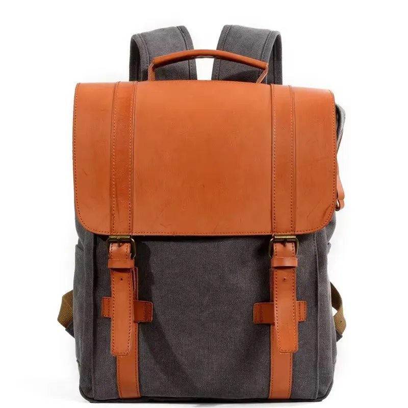 

Men's Canvas School Backpacks Leather Backpack Vintage Practical Solid Color Computer Laptop Rucksack Travel Bagpack Schoolbag