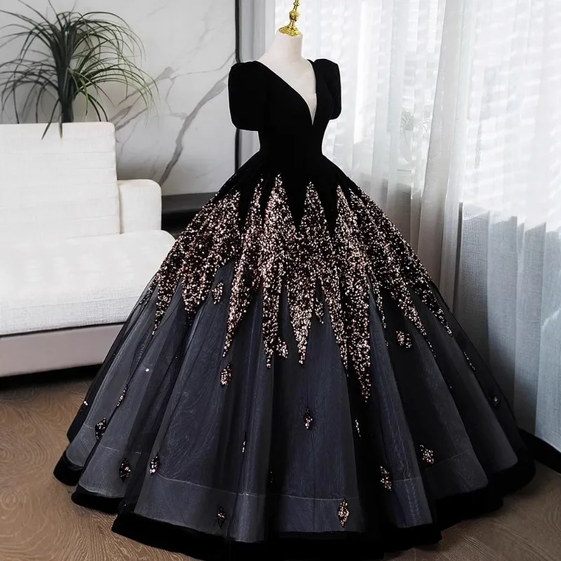 Vestido de noite preto personalizado com decote em V, show de passarela do anfitrião sofisticado, canto solo, exame de arte, roupa de performance, socialite elegante