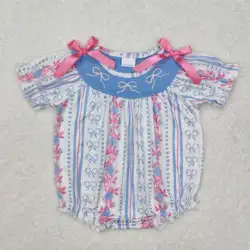 Summer baby girls New rts romper wholesale boutique embroidery pink bow flower striped short sleeve rompers