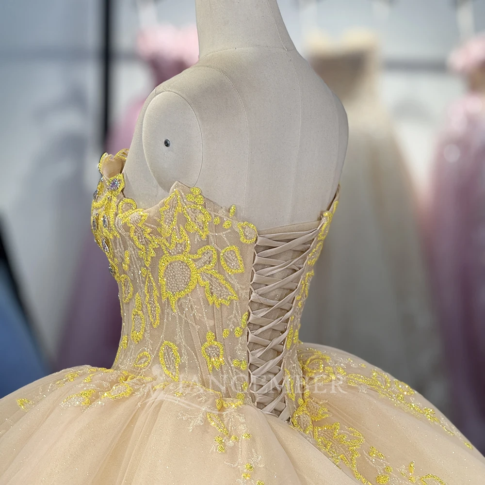 Vestido De quinceañera amarillo personalizado, Vestido De baile sin tirantes De encaje sin mangas con cuentas superfinas, dulce 16 Vestido De 15 Anos DY1334