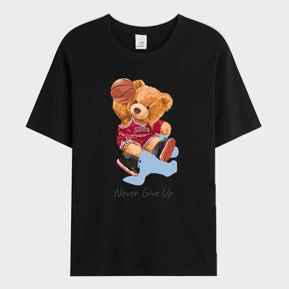 2024 Summer Men's T-Shirt Teddy Bear Playing Basketball Printed T-Shirt Fashion Sports Casual Short Sleeve Oversized Men Clothes