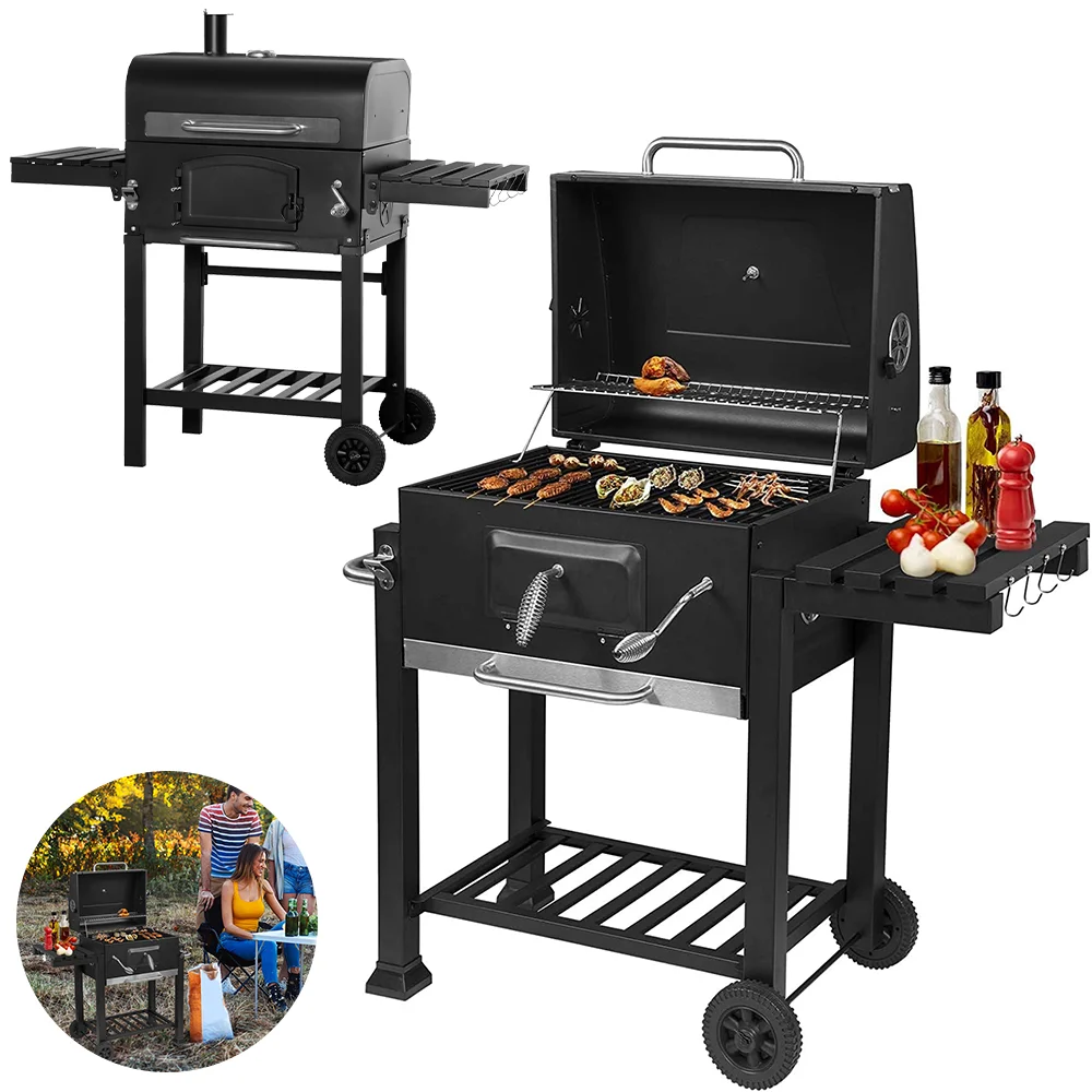 Image of Griglia per barbecue Griglia a carbone per esterni con termometro Fornello per barbecue con ruote e ripiano Strumento per barbecue da picnic da campeggio cod004