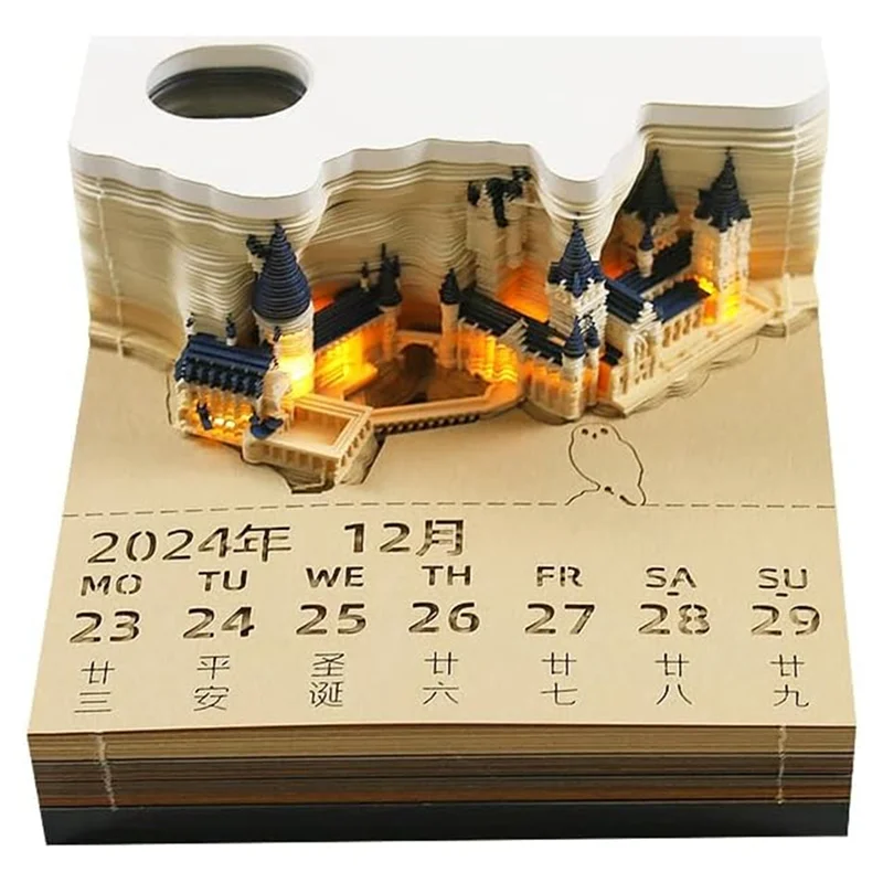 2024 Block Notepad  Square Castle LED 3D Notepad Sticky Notes Scrapbook Christmas Birthday Gift With Calendar 2Piece
