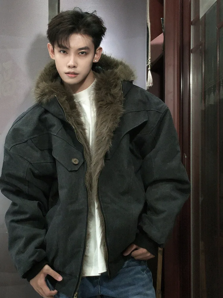 

Fur Collar Bomber Jacket Mens Winter Waxed Fleeced Varsity Mountaineering Classic Athletic Quality Reflective Clothing Hearts OL