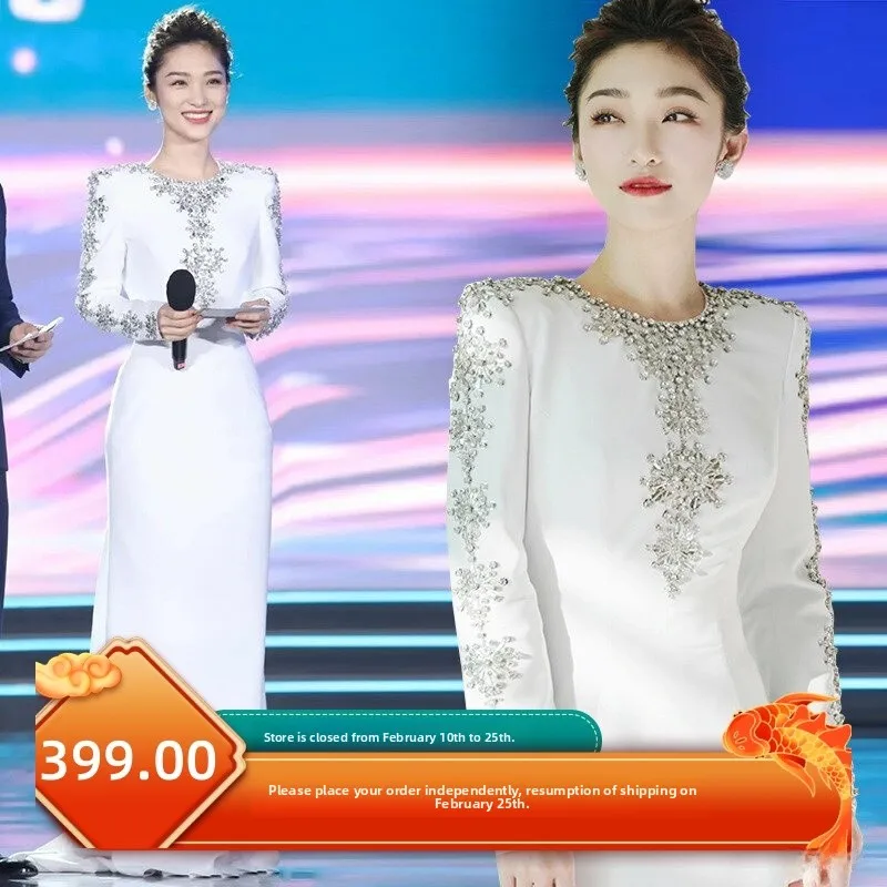 

Элегантное длинное вечернее платье для женщин: нарядное платье для весеннего фестиваля, гала-вечера, с яркими стразами, для выступлений и торжественных церемоний