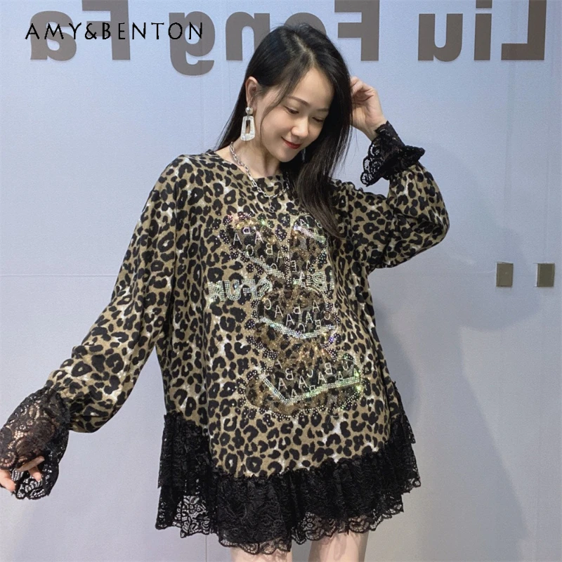 

Women's Lace Patchwork Long Sleeves Top Tees Spring Autumn New Heavy Industry Rhinestone Round Neck Leopard Print Top T-shirts