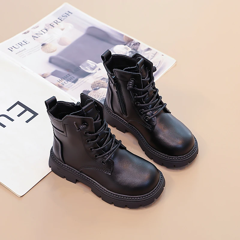 Stivali in pelle per bambini Quattro stagioni Scarpe singole semplici per ragazzi e ragazze 3-18 anni Stivali singoli per bambini corti imbottiti e ispessiti