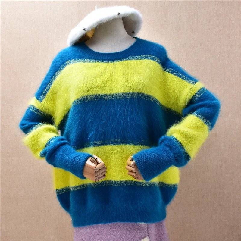 

Ladies Women Autumn Winter Clothing Striped Hairy Mink Cashmere Knitted O-Neck Long Sleeves Loose Pullover Sweater Jumper Pull