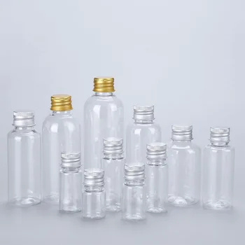 Garrafa plástica com tampa de alumínio, 50/100 peças, 100ml 50ml 30ml, frascos de amostra, recipientes cosméticos portáteis transparentes para viagem para loção
