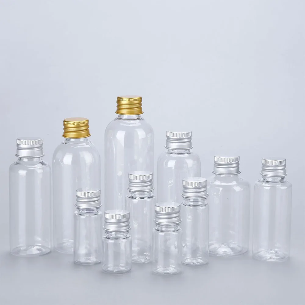 50/100 szt. Plastikowa butelka z aluminiową nakrętką 100 ml 50 ml 30 ml fiolki na próbki przezroczyste przenośne podróżne pojemniki kosmetyczne na balsam