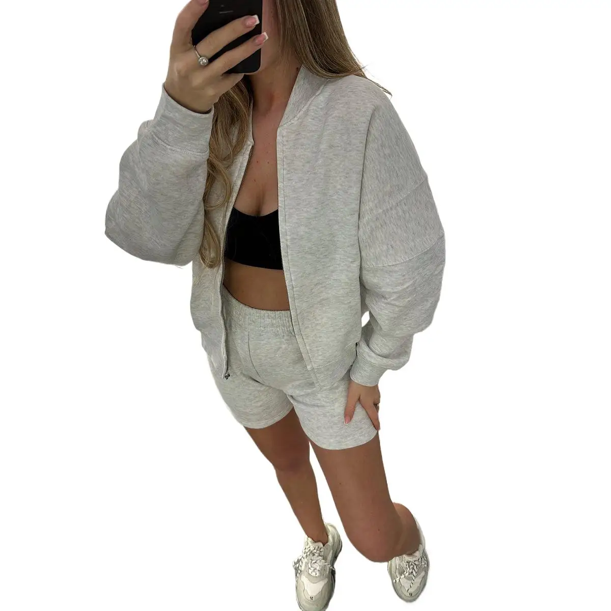 Setelan Dua Potong Jaket Resleting + Celana Pendek Wanita Musim Gugur Kasual Longgar Warna Solid Atasan Leher Bulat Setelan Celana Pendek Untuk Wanita