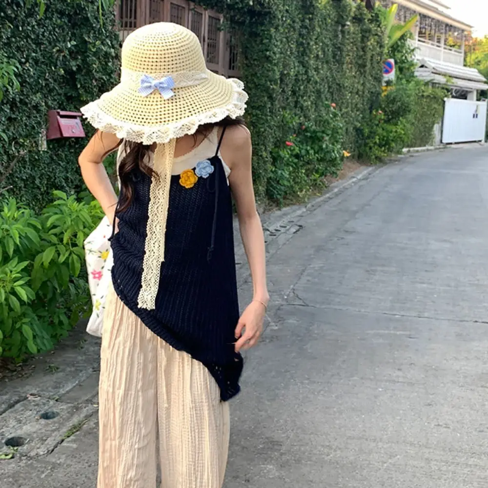 

Sunscreen Sweet Bow Ribbon Straw Hat French Style Foldable Lace Bucket Hat Beach Big Brim Women's Sun Hat Outdoor
